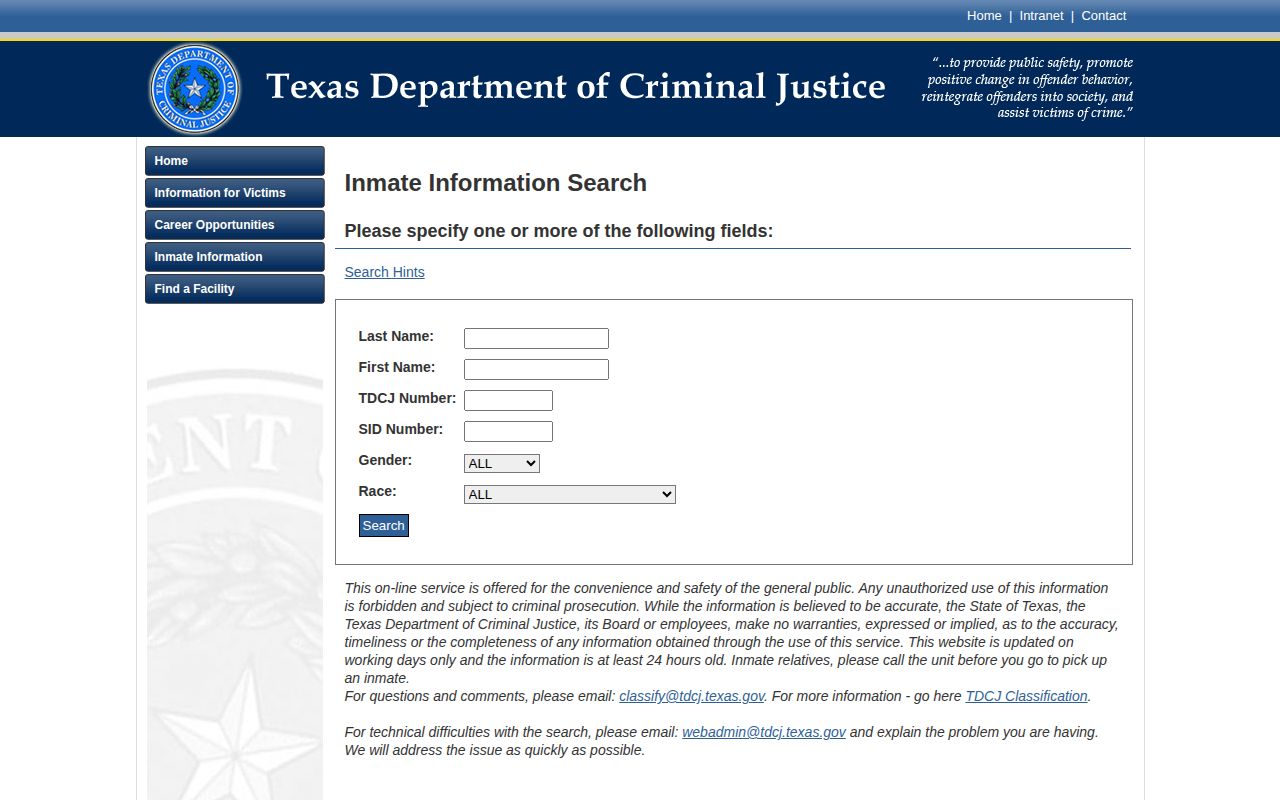 TDCJ current-only offender search fields for Zapata County released inmates