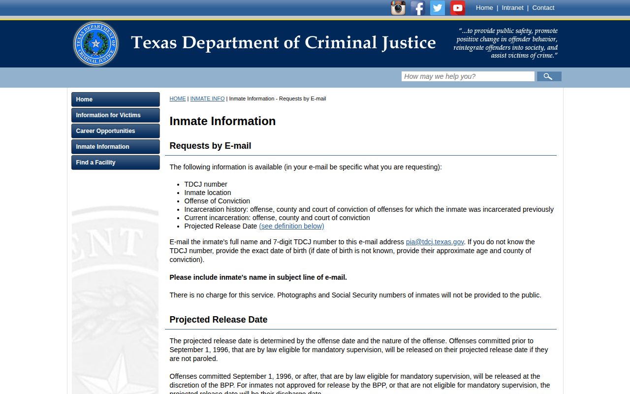 TDCJ historical information and projected release request for a Zapata County prisoner