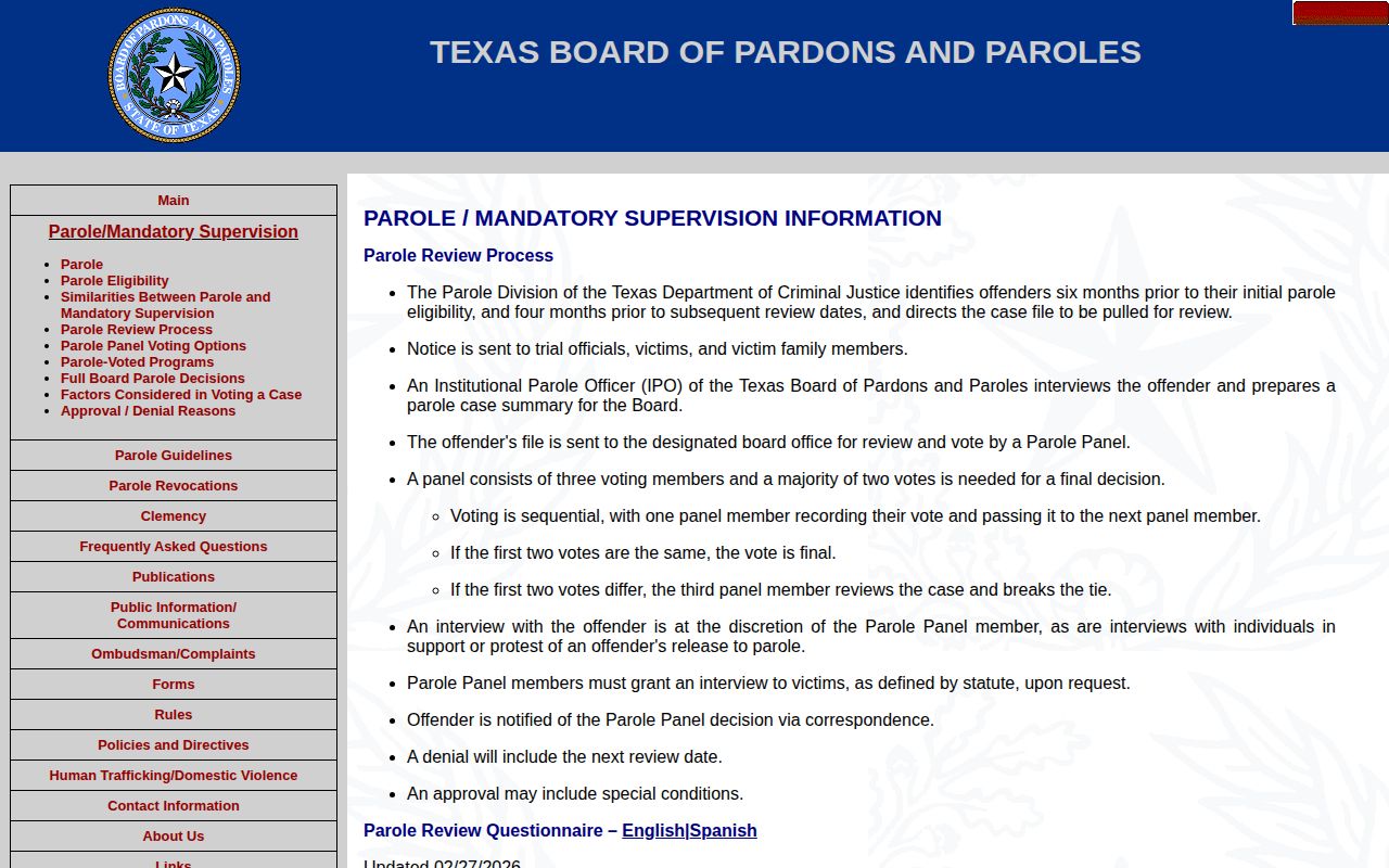 Texas parole review cadence for Zapata County released inmates